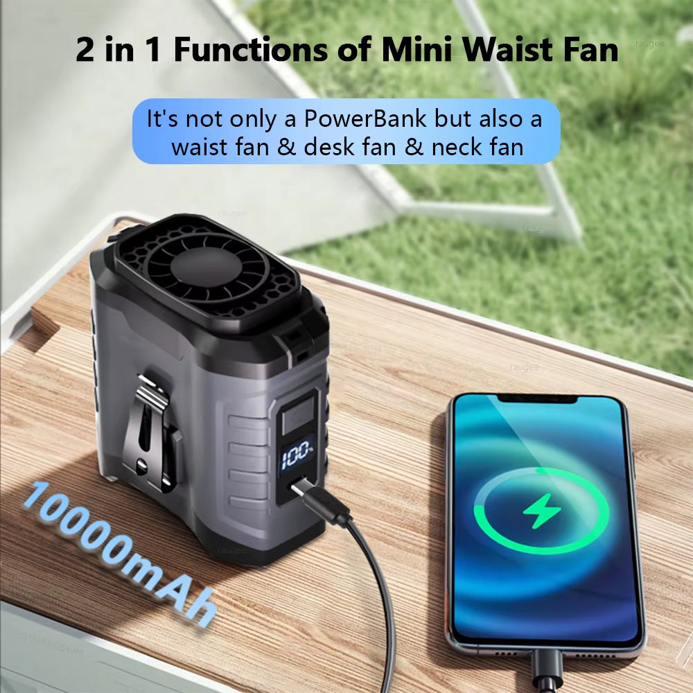 Waist Fan Mini Portable Waist Clip Fan USB Rechargeable Portable Hanging Neck Fan 10000Mah Battery Fan Wireless Waist Clip Fan
